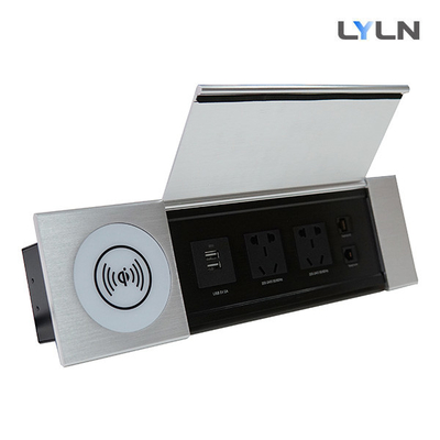 Brushed Aluminum Flip Up Cover Desktop Socket With Wireless Charger