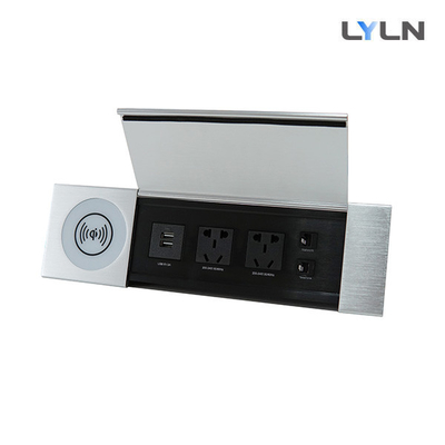 Brushed Aluminum Flip Up Cover Desktop Socket With Wireless Charger